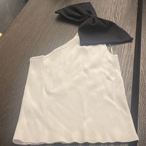 Zara asymmetrical knit top with contrasting black bow.